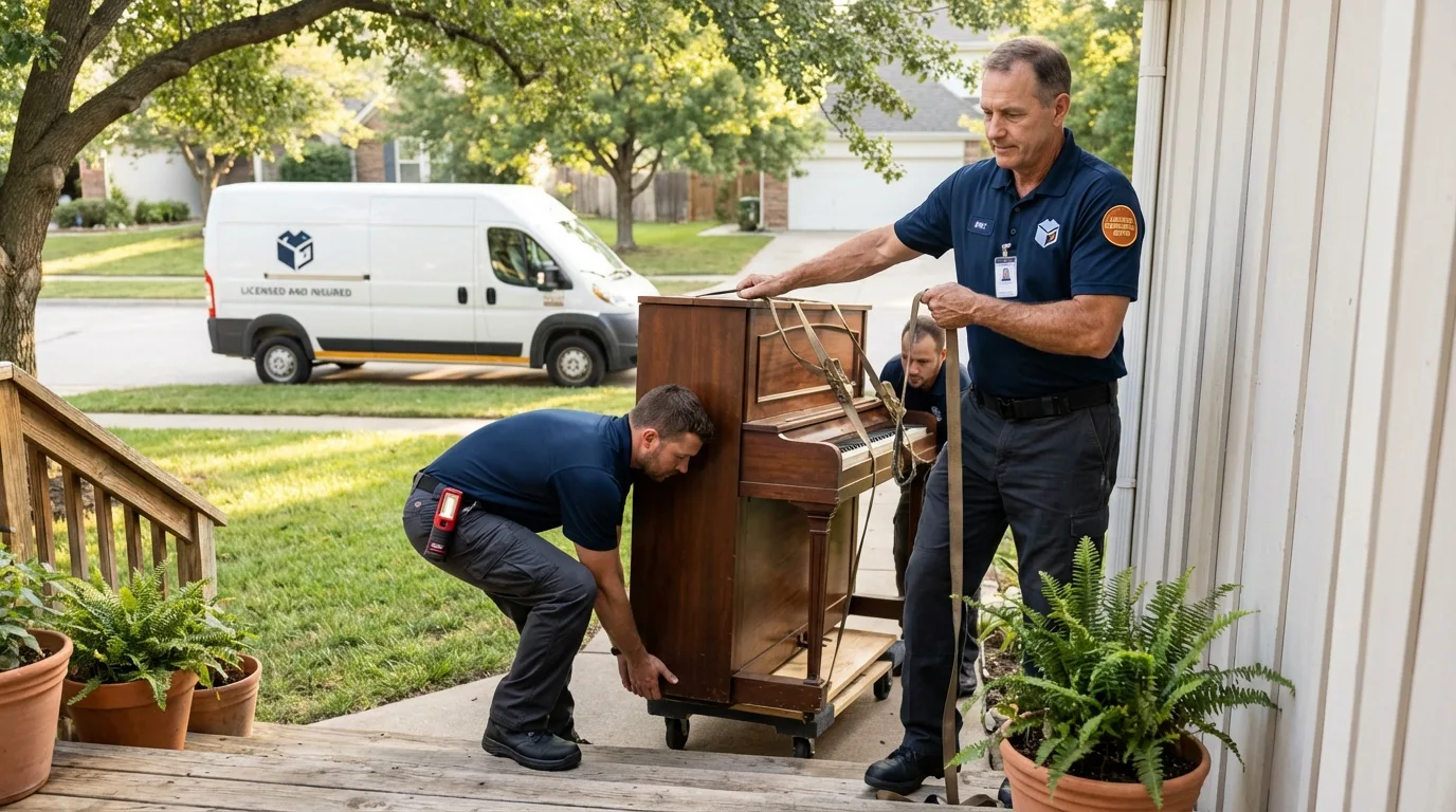 Licensed piano movers securing grand piano in Ronan, MT